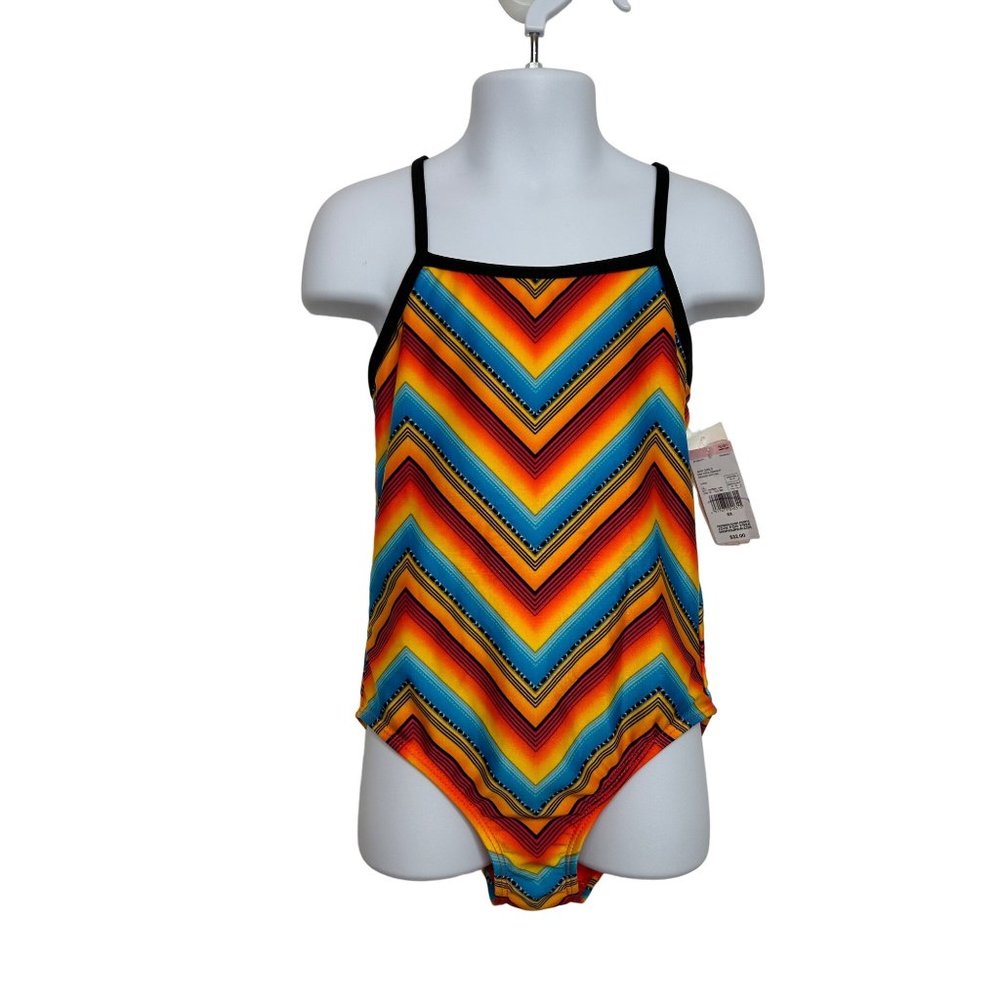 0707A- Joe Boxer Girls’ One Piece Swimsuit 6X Multicolor Black Spaghetti Straps